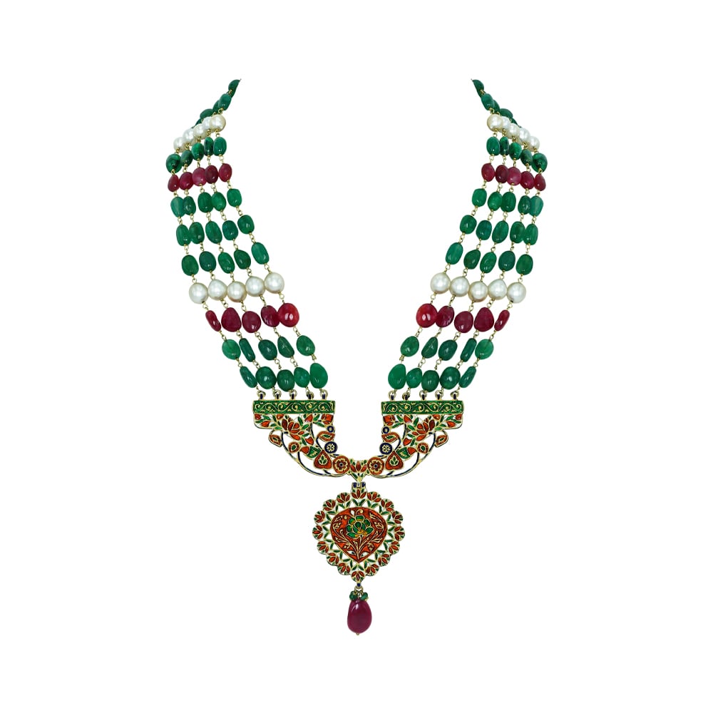 Multistrand Emerald Necklace with Polki Pendant and Ruby Drop